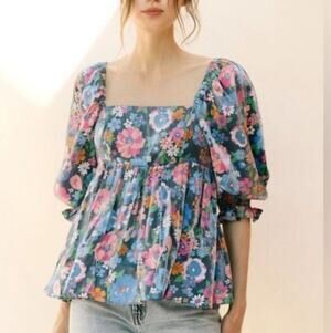 Storia Babydoll Blouse Top Womens sz M Pink Purple Floral Smocked Sheen
